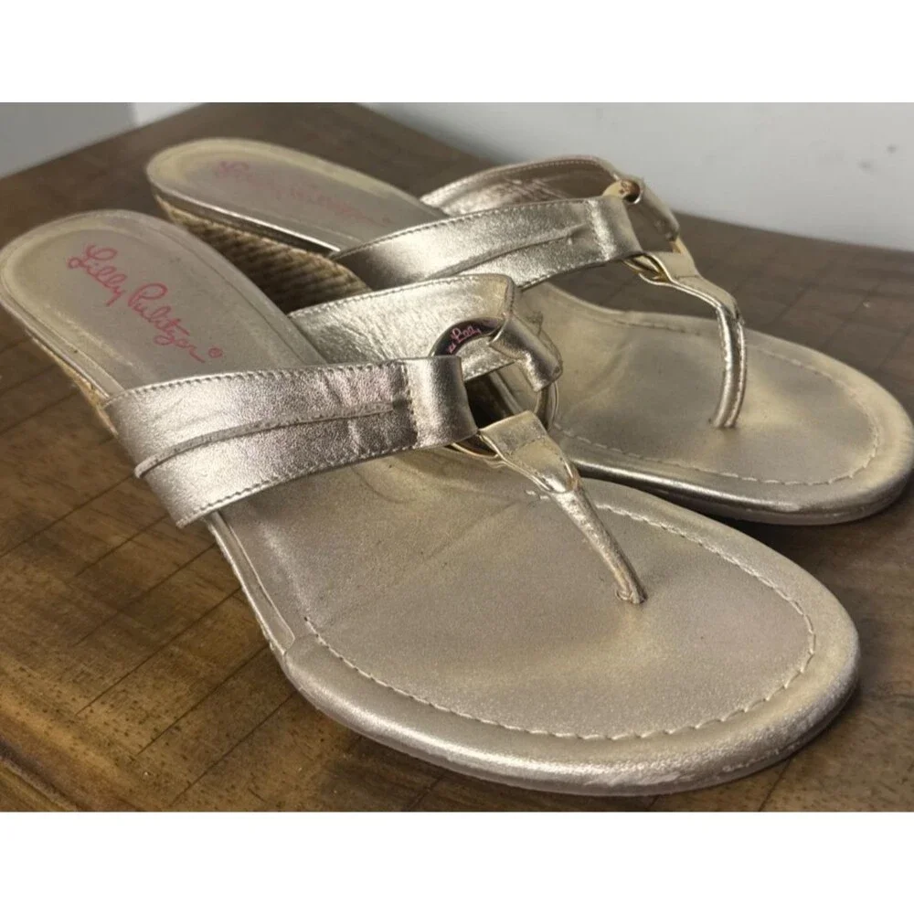 Lilly Pulitzer McKim Gold Metallic Leather Wedge Sandals Women’s 8M Resort
